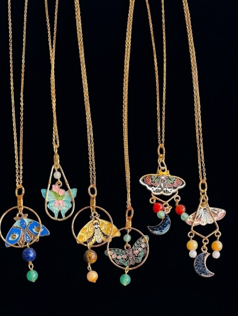 Gold-Tone Enamel Moth & Moon Pendant Necklace — Multicolor Accent Beads